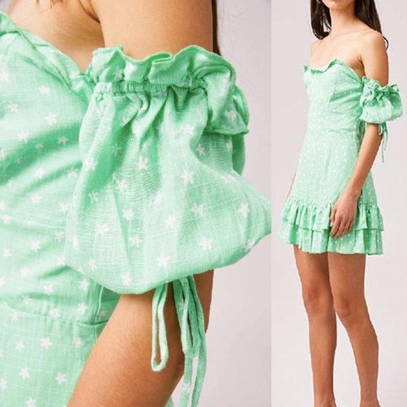 Finders Keepers Off Shoulder Ruffle Wildflower Mini Dress in Mint Ditsy $145 M 6 - Picture 5 of 8